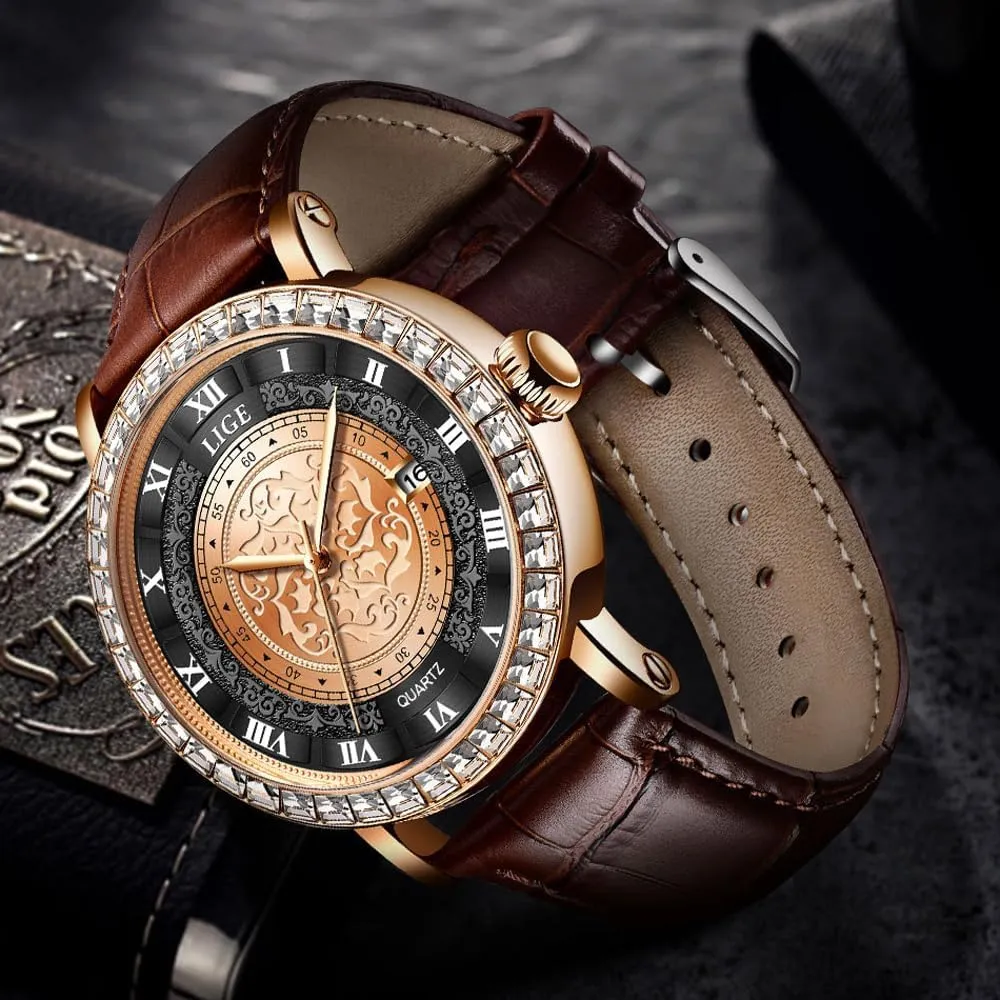 Unisex Simple Waterproof Romana Numerals Leather Band Rhinestone Bracelet Round Dial with Calendar Analog Quartz Wrist Watches Couple Watches