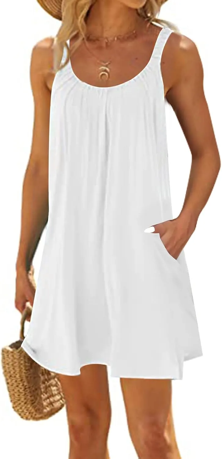 Vacation Outfits for Women Summer Beach Dress Bikini Beachwear Coverups Casual Halter Tank Short Dresses White