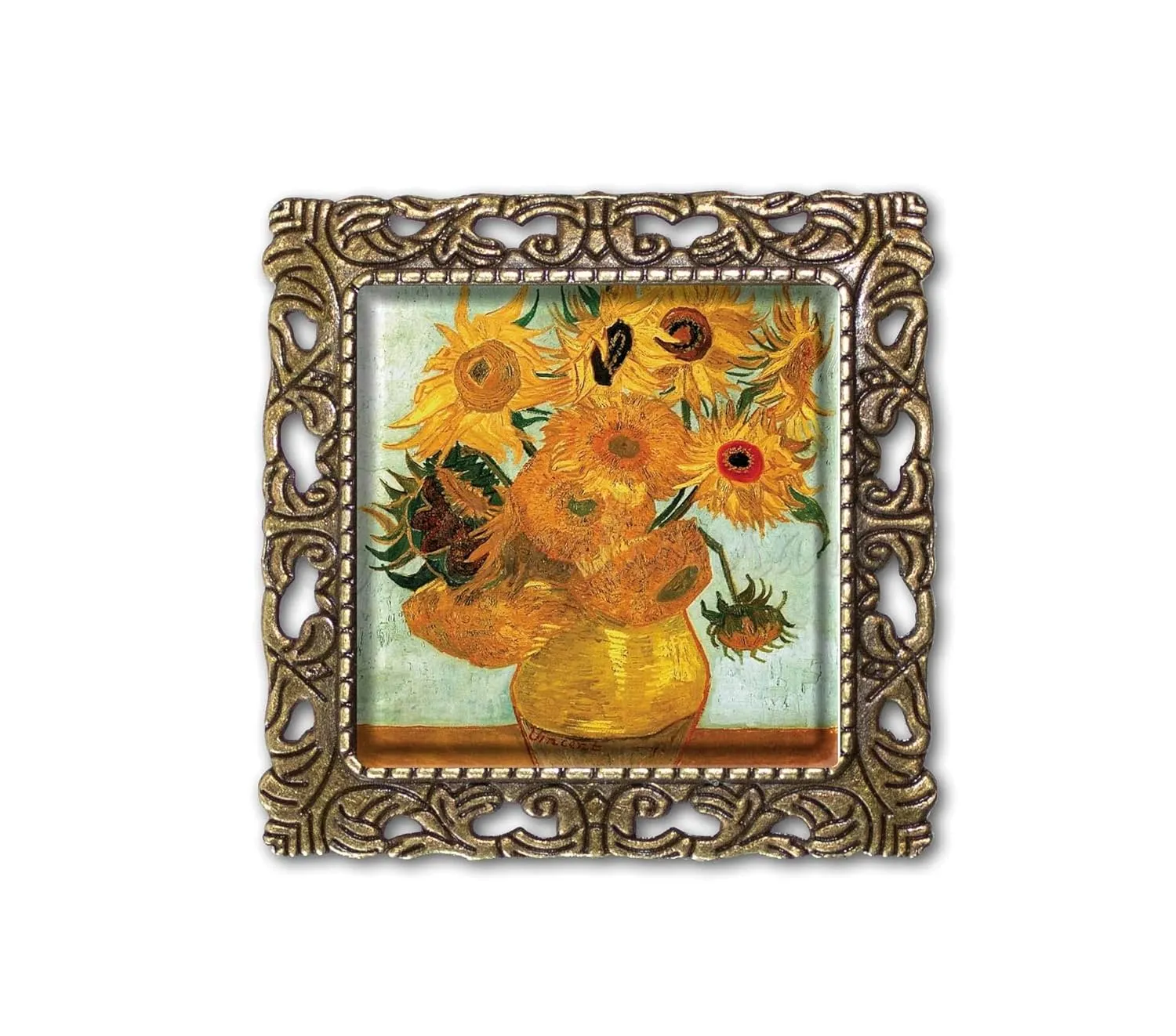 Van Gogh's Vintage Art Sunflowers Nature Lovers Handmade Square Glass Baroque Style BROOCH or Pin Jewelry (Antique Bronze Tone)