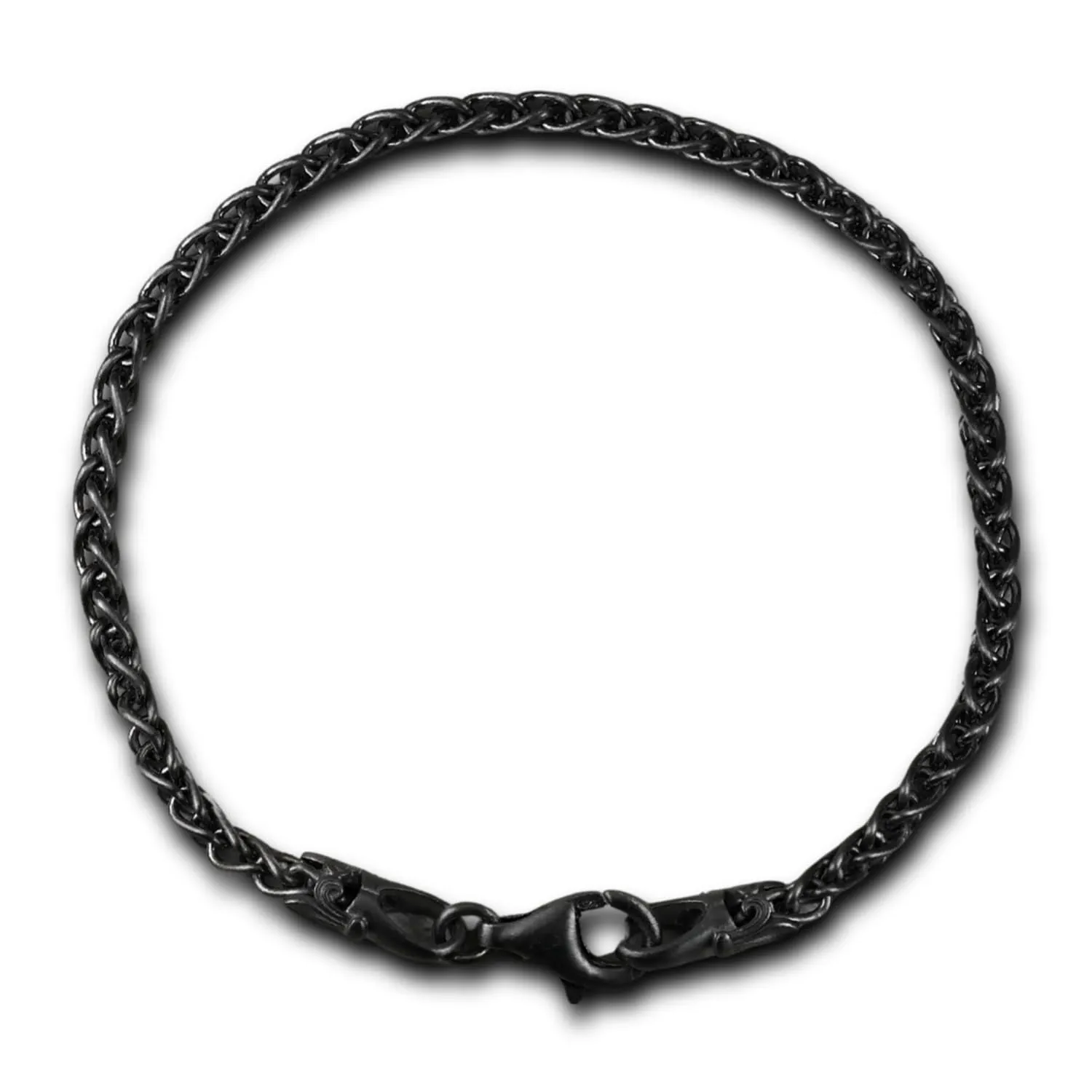 VARTOVAR JEWELRY 3.5mm Wheat Braided (Spiga) Chain Bracelet, Black Ruthenium Plated, Clasp Hook with Dots Design, Men Women Unisex, Multiple Sizes, Gift for Him, Sterling Silver 925