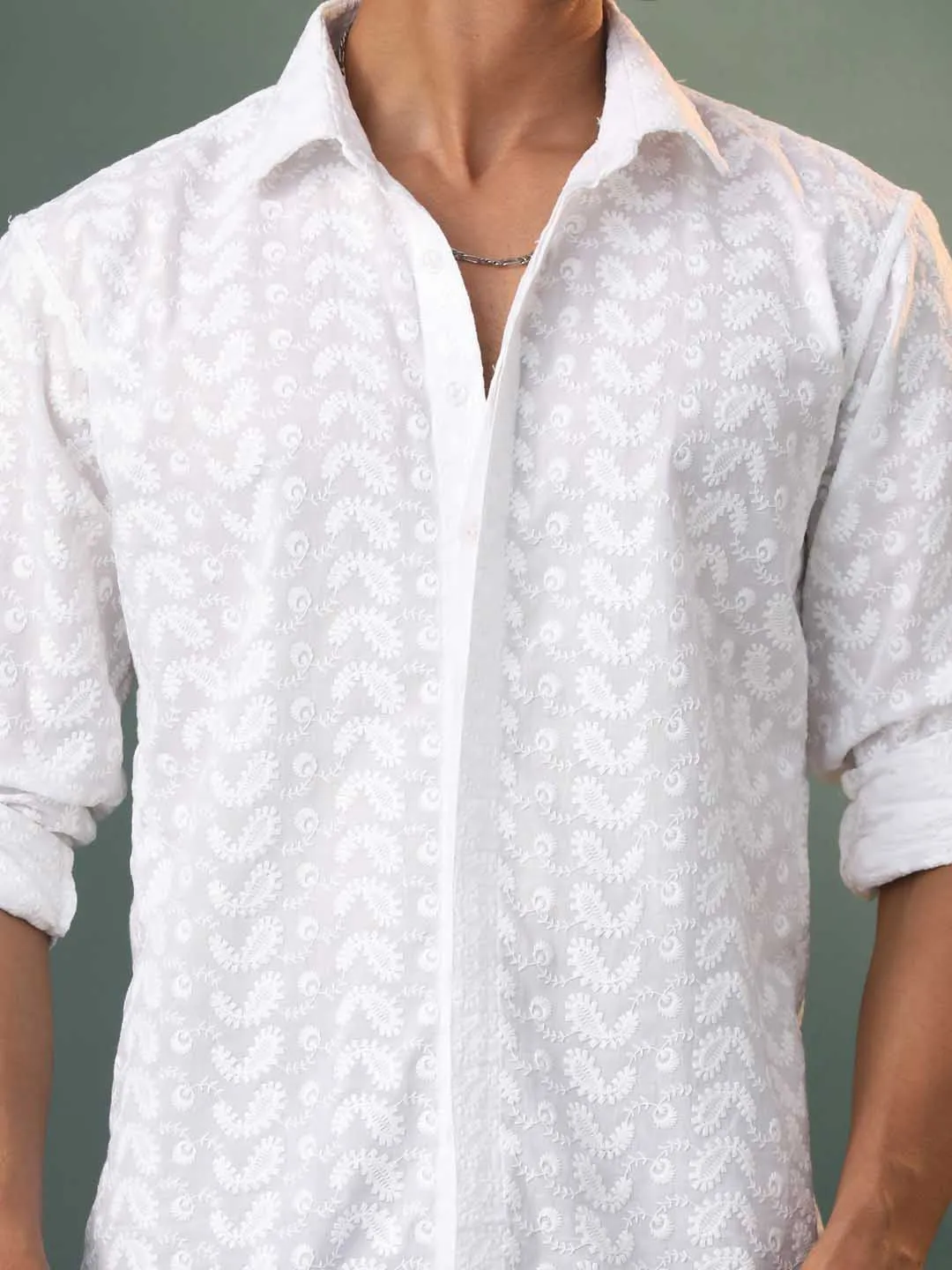 VASTRAMAY Men's White Chikankari Cotton Shirt
