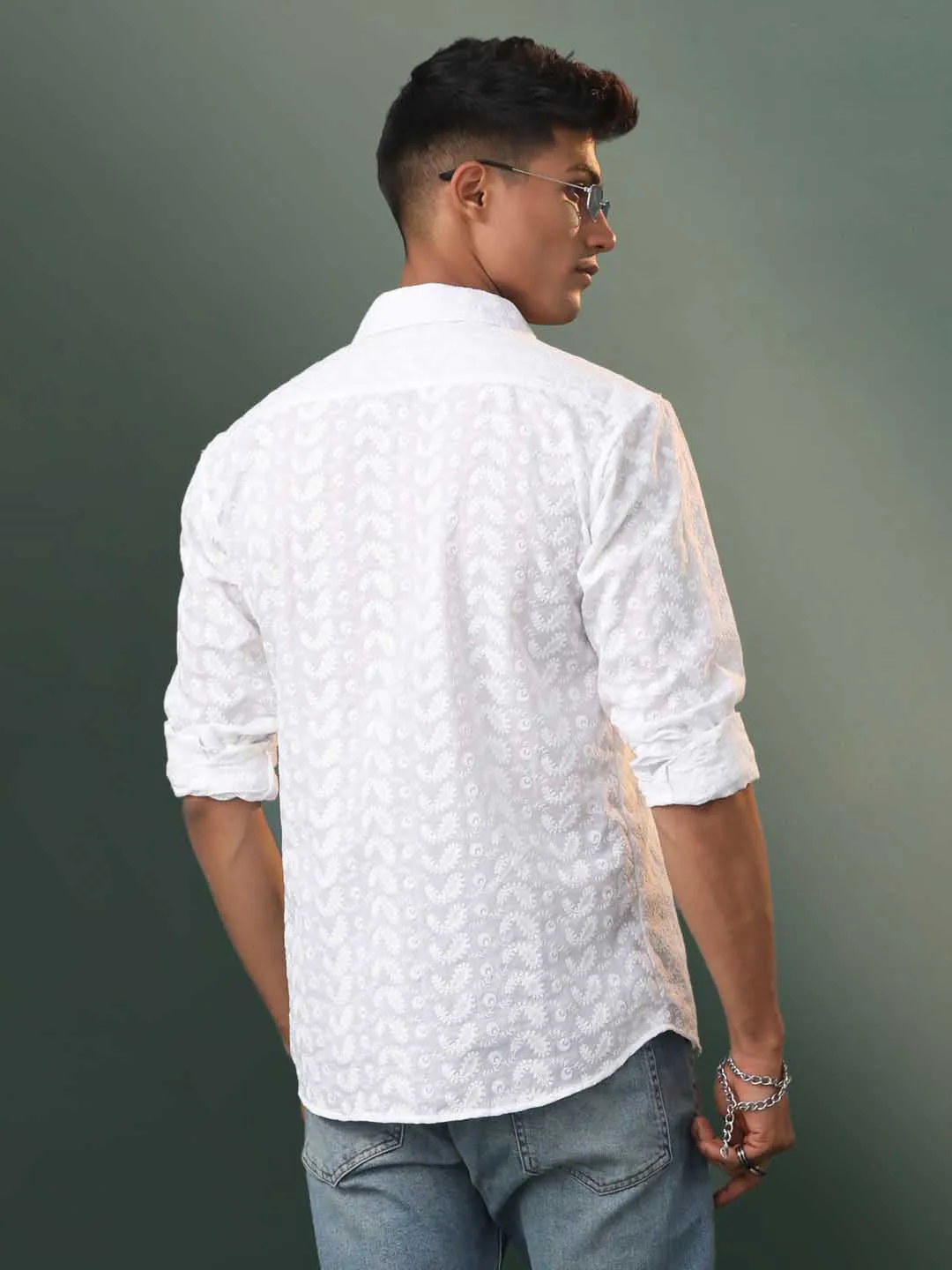 VASTRAMAY Men's White Chikankari Cotton Shirt