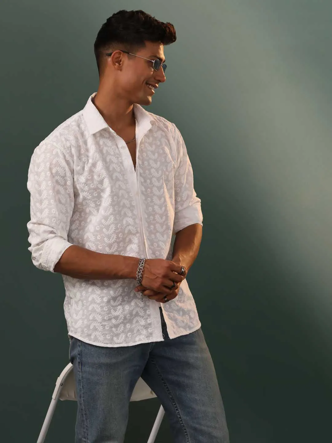 VASTRAMAY Men's White Chikankari Cotton Shirt