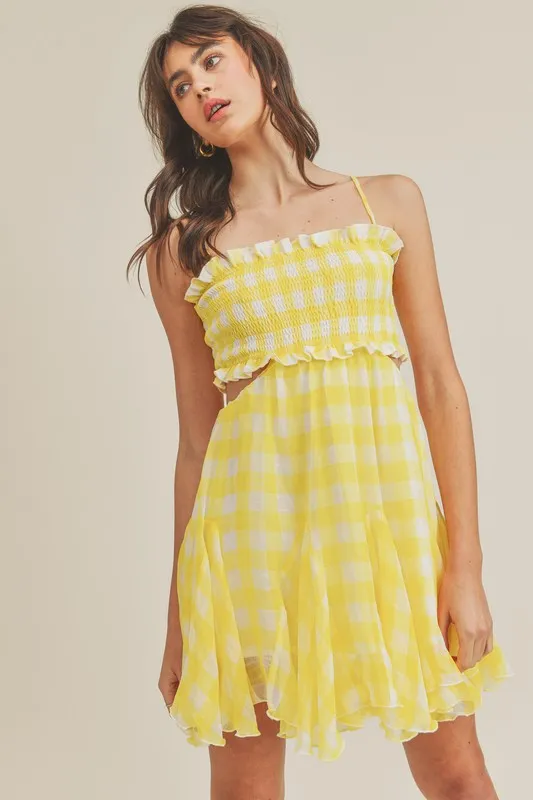 Vera Gingham Cut Out Mini Dress Yellow