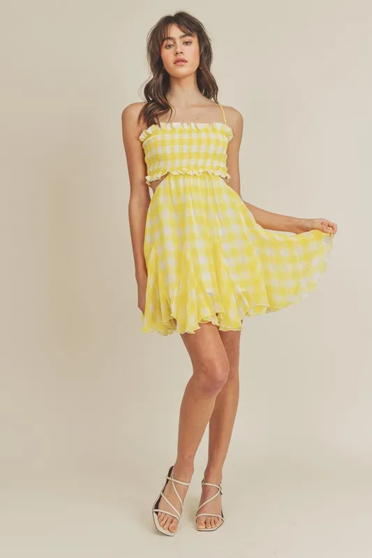 Vera Gingham Cut Out Mini Dress Yellow