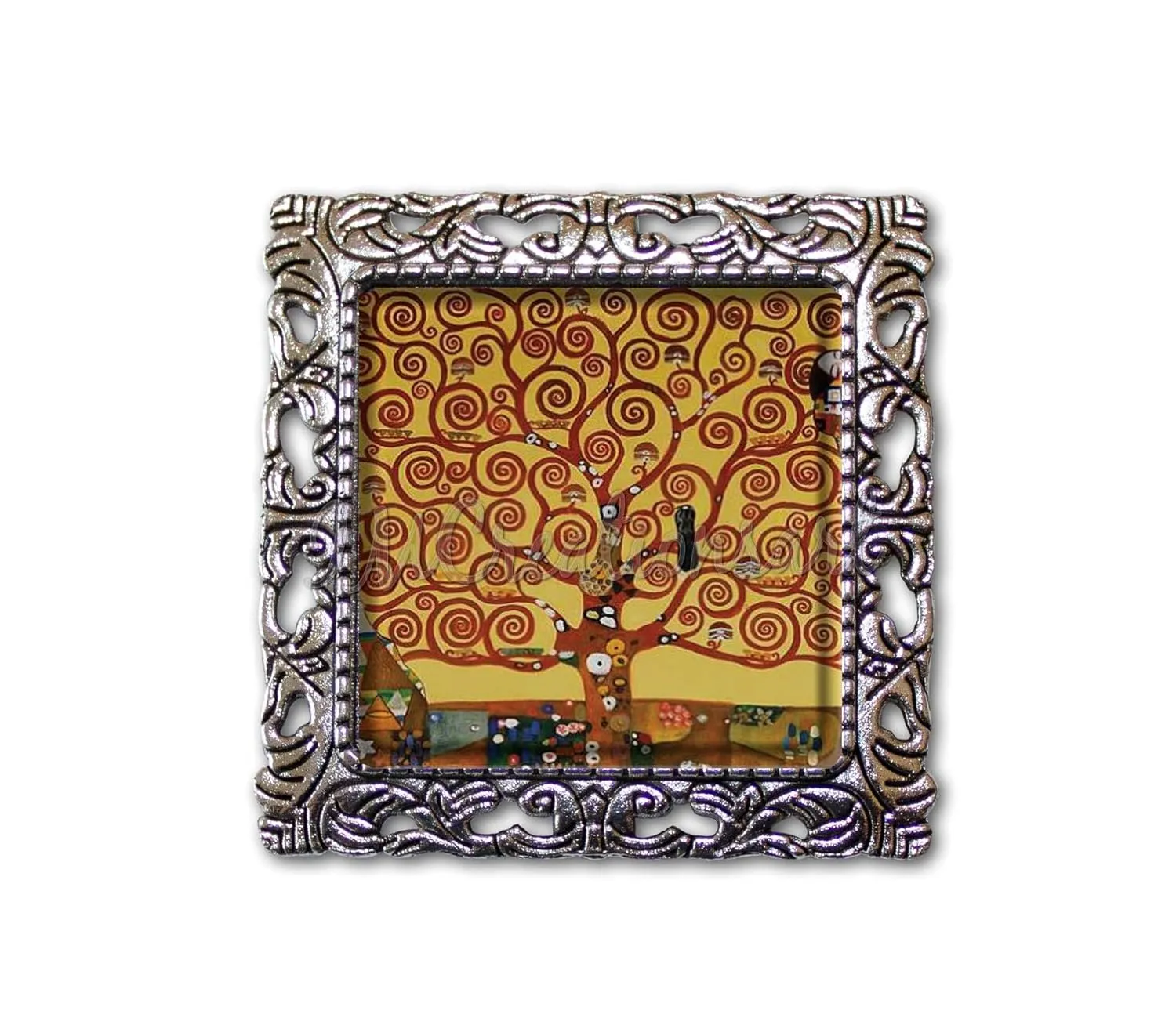 Vintage Art Gustav Klimt's Tree of Life Handmade Square Glass Baroque Style BROOCH or Pin Jewelry (Antique Silver Tone)