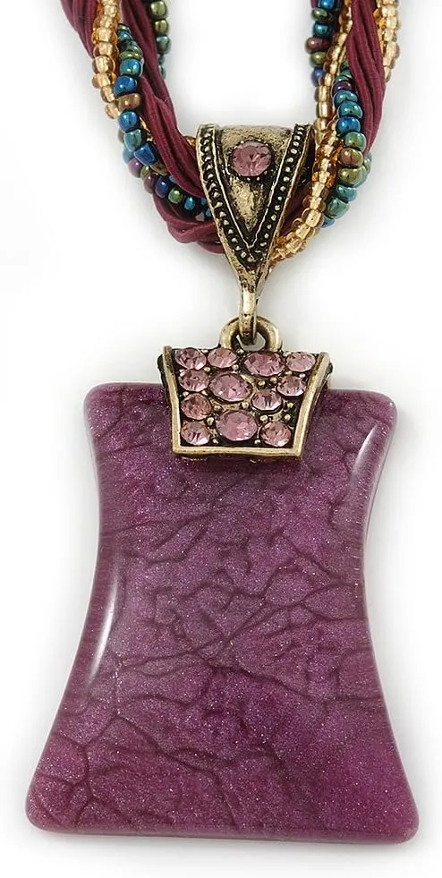 Vintage Bead Purple Square Glass Pendant Necklace In Antique Gold Metal - 38cm Length/ 5cm Extender