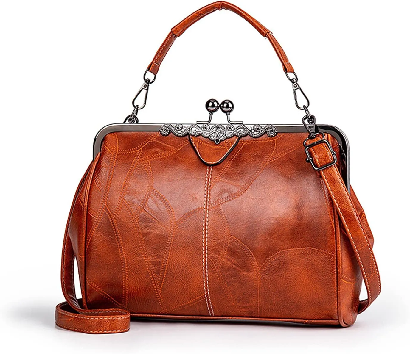 Vintage Hollow Shoulder Bag for Women Leather Satchel Clutch Purse with Kiss Lock Genuine Leather