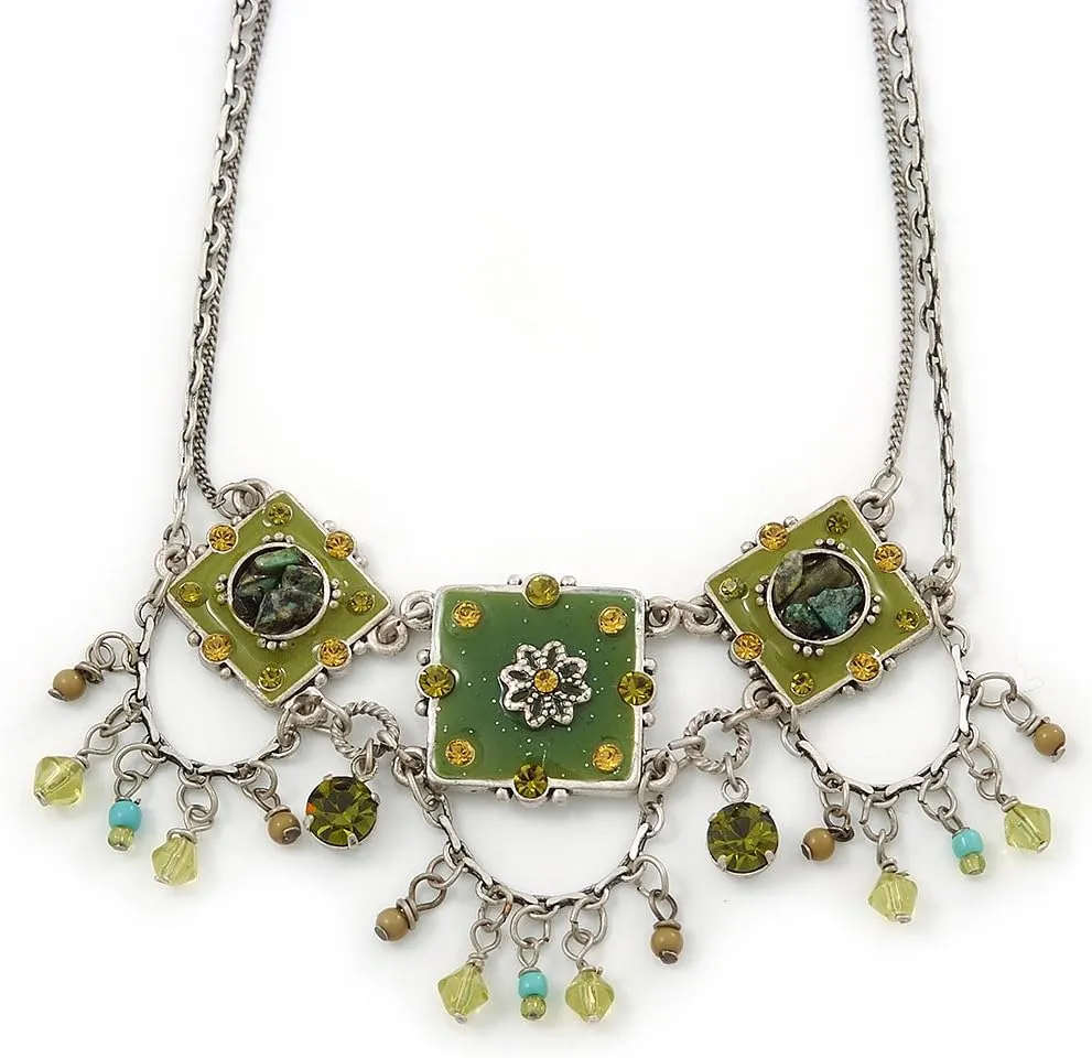 Vintage Inspired Olive Green Crystal, Enamel Square Shape Pendant With Dangles Double Chain Necklace In Burn Silver - 33cm Length/ 7cm Extension