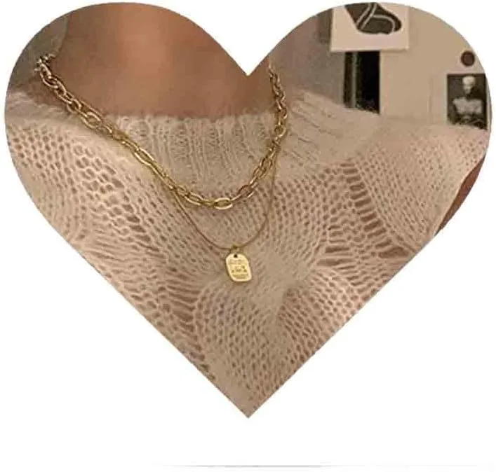 Vintage Layered Square Pendant Necklace Initial Letter Square Necklace Punk Paperclip Chain Necklace Gold Square Choker Necklace Jewelry for Women (Gold)