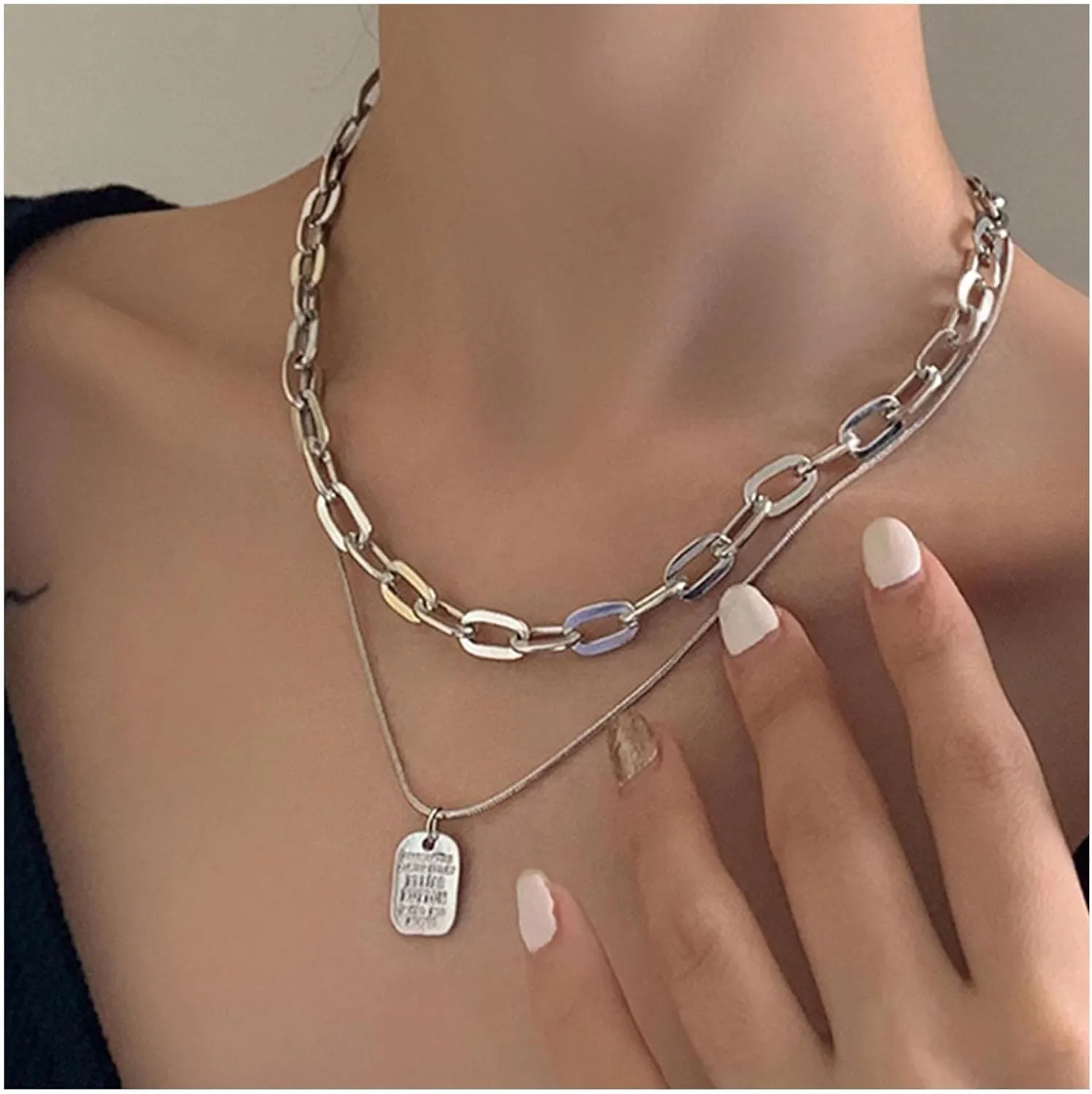 Vintage Layered Square Pendant Necklace Initial Letter Square Necklace Punk Paperclip Chain Necklace Gold Square Choker Necklace Jewelry for Women (Gold)