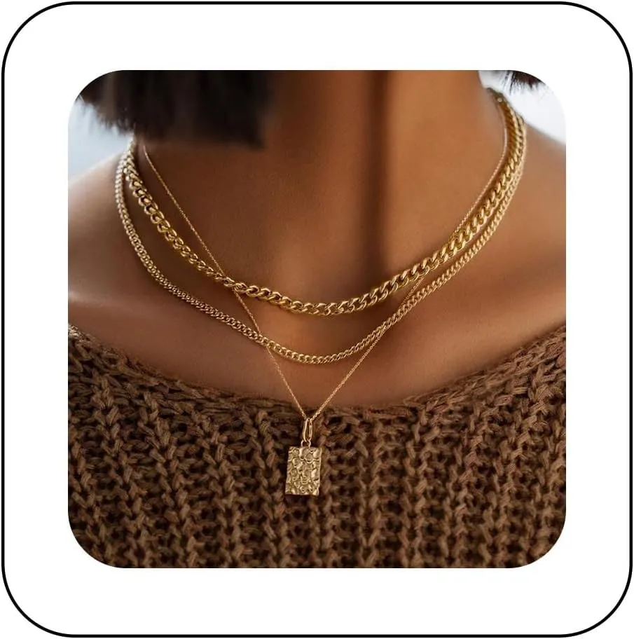 Vintage Layered Square Pendant Necklace Matter Square Choker Necklace Gold Square Chain Necklace Punk Curb Chain Necklace Jewelry for Women