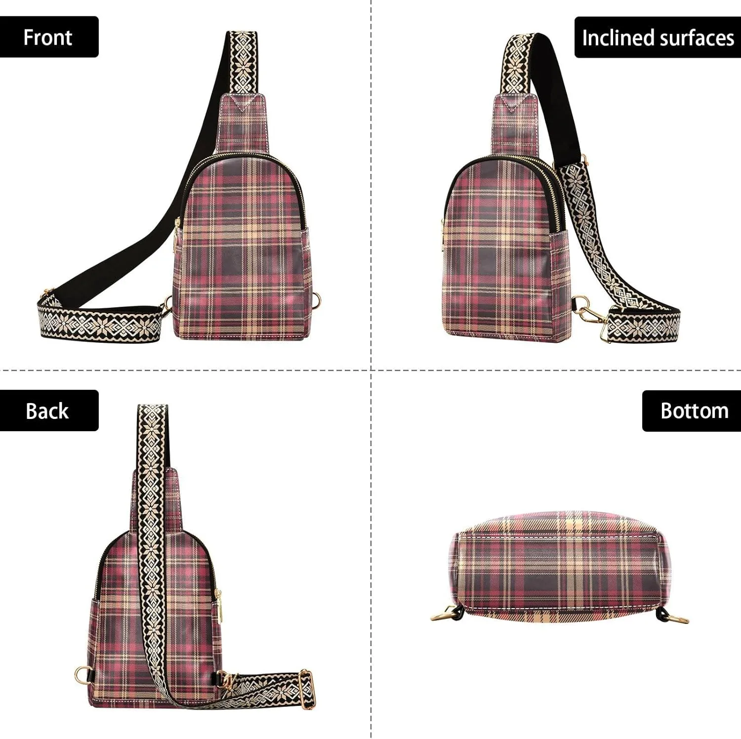 Vintage Tartan Plaid Trendy Crossbody Bag Fashion Waist Packs Cross Body Leather Chest Bag for Women Fanny Pack Travel Outdoor