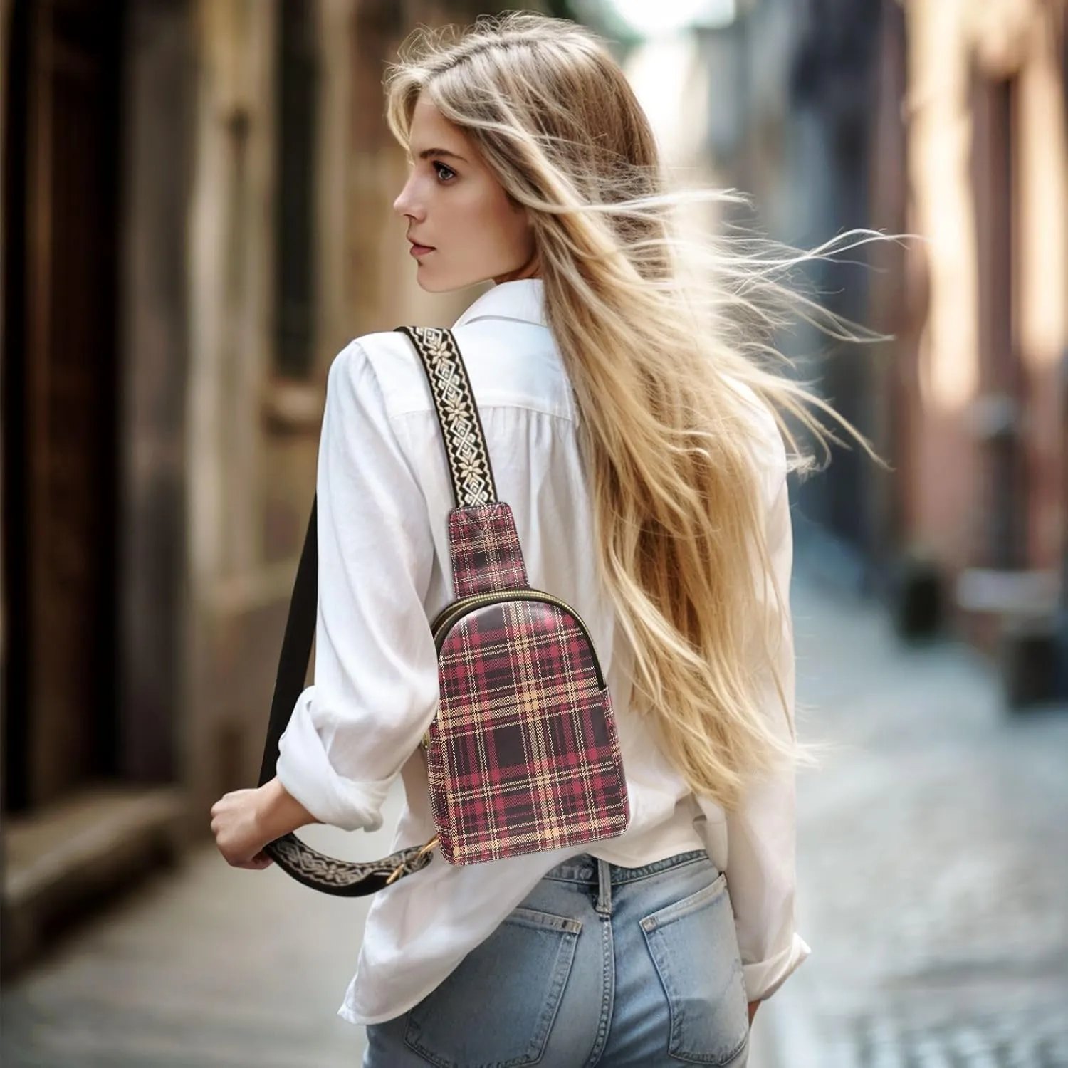 Vintage Tartan Plaid Trendy Crossbody Bag Fashion Waist Packs Cross Body Leather Chest Bag for Women Fanny Pack Travel Outdoor