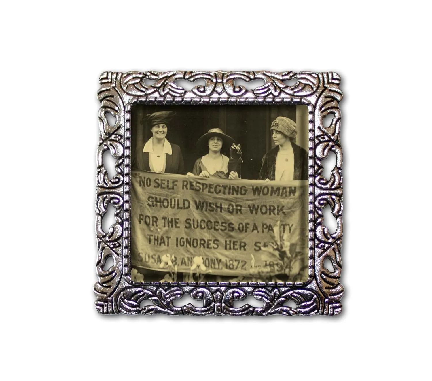 Vintage Woman Rights Suffrage Design Handmade Square Glass Baroque Style BROOCH or Pin Jewelry (Antique Silver Tone)