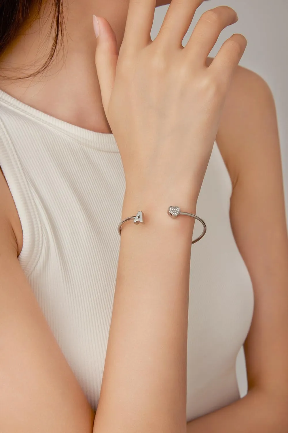 VQYSKO Heart Initial Cuff Bracelets for Woman-CZ Stainless Steel Adjustable Open Bracelet Woman Jewellery,Birthday Gifts for Woman