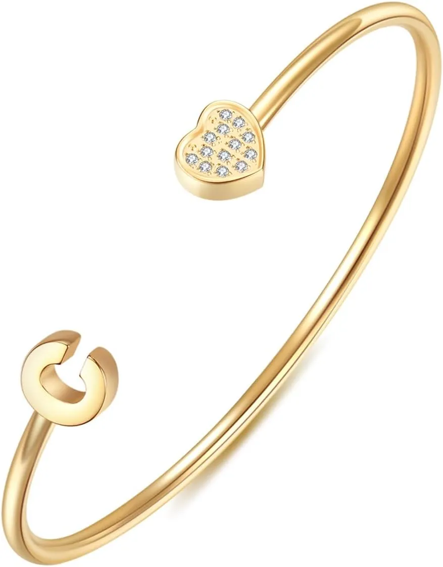VQYSKO Heart Initial Cuff Bracelets for Woman-CZ Stainless Steel Adjustable Open Bracelet Woman Jewellery,Birthday Gifts for Woman