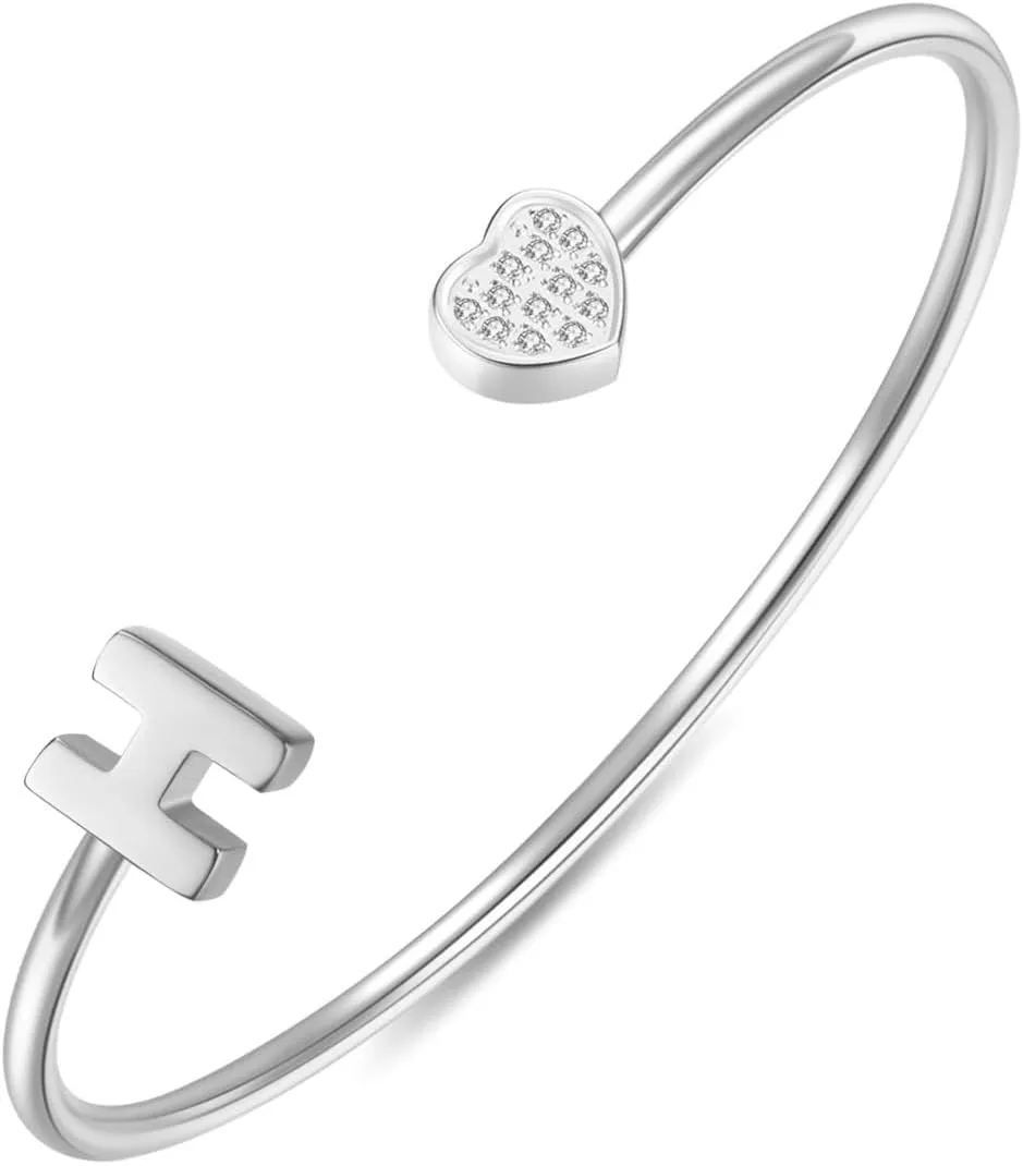 VQYSKO Heart Initial Cuff Bracelets for Woman-CZ Stainless Steel Adjustable Open Bracelet Woman Jewellery,Birthday Gifts for Woman