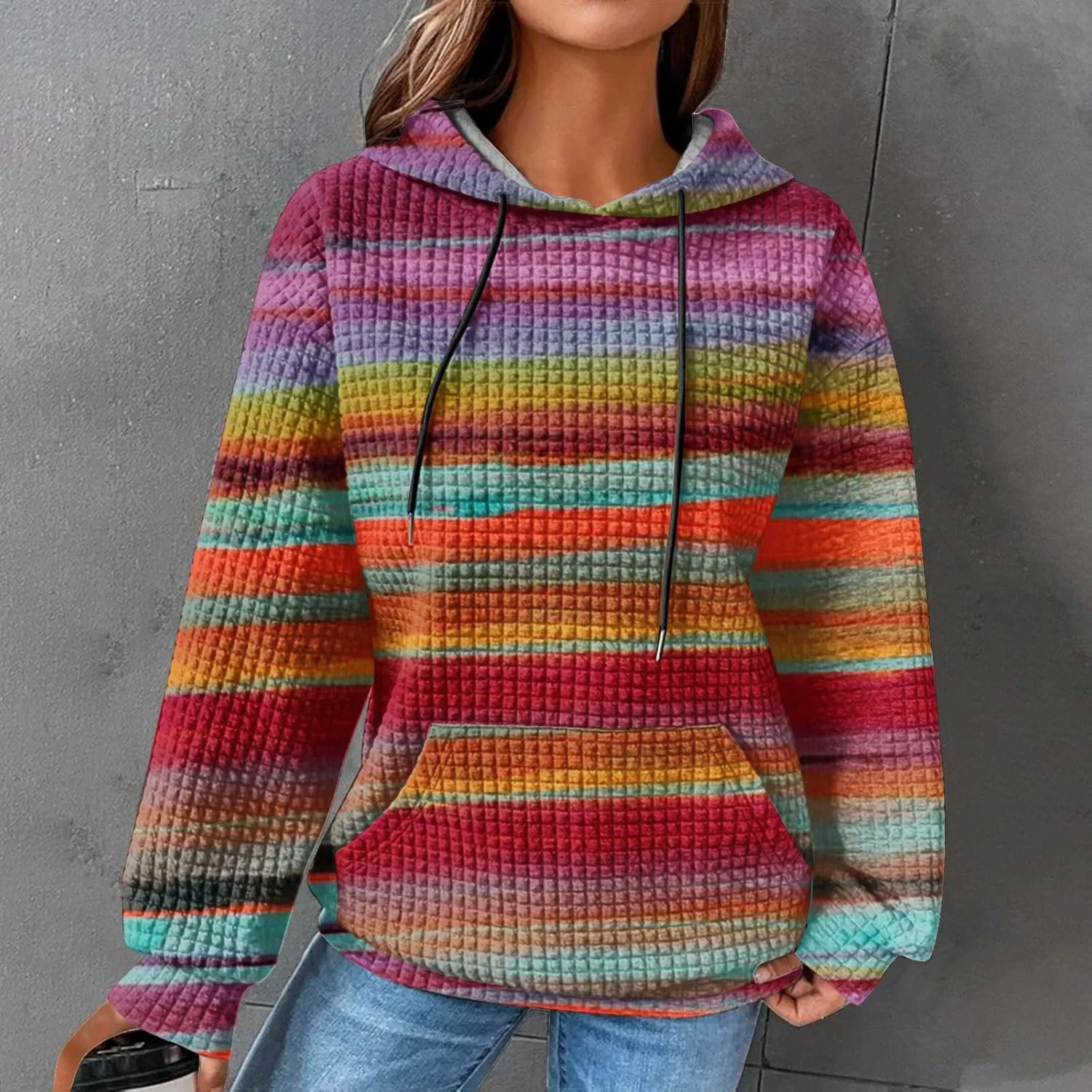 Waffle Hoodie for Women Multicolored Comfy Hoodies Casual Trendy Sweatshirt Loose Fit Pullover Tops with Pocket