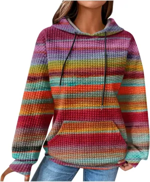 Waffle Hoodie for Women Multicolored Comfy Hoodies Casual Trendy Sweatshirt Loose Fit Pullover Tops with Pocket