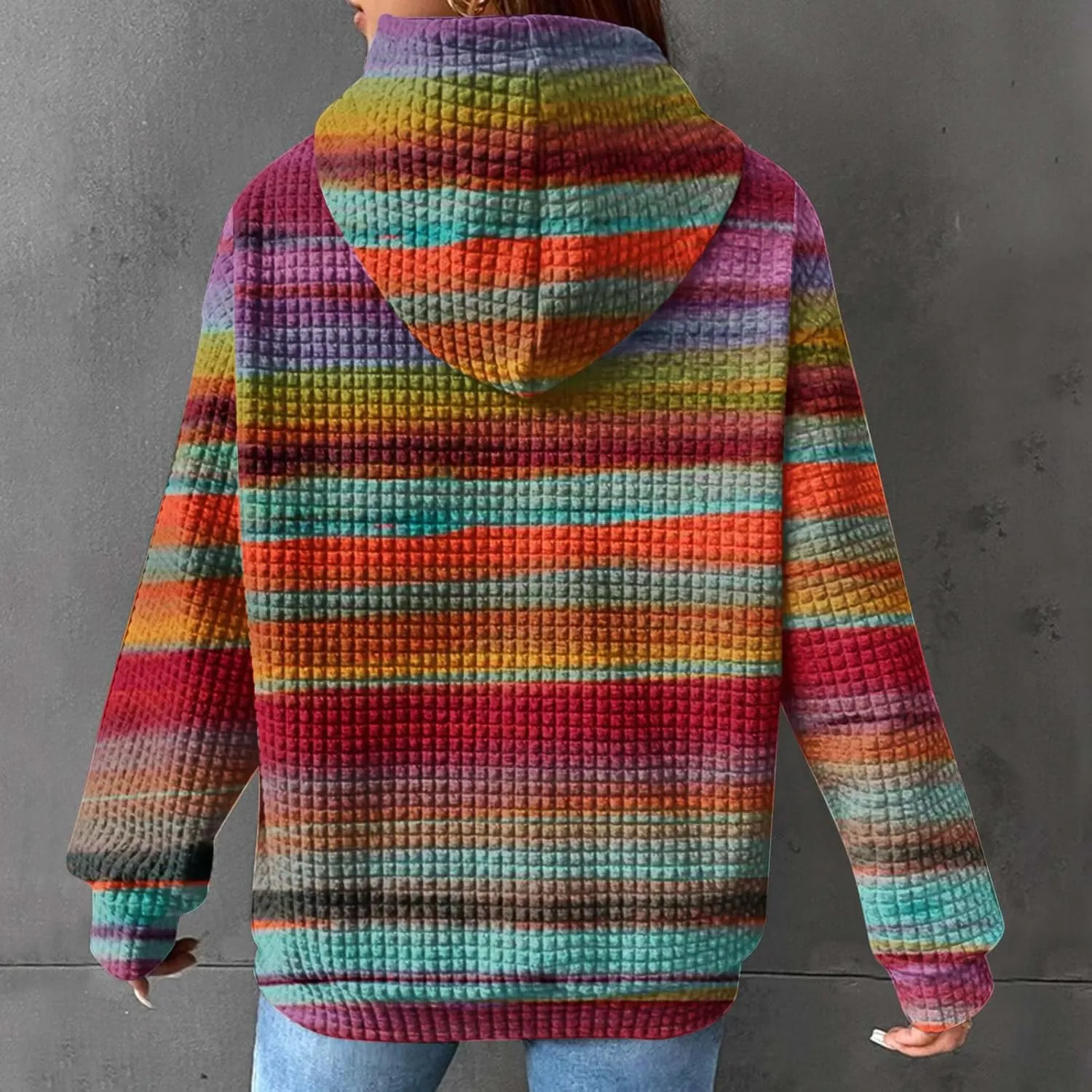 Waffle Hoodie for Women Multicolored Comfy Hoodies Casual Trendy Sweatshirt Loose Fit Pullover Tops with Pocket