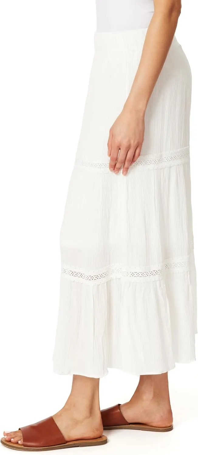 WallFlower Women's Carmen Crinkle Rayon Gauze Tiered Maxi Skirt with Crochet