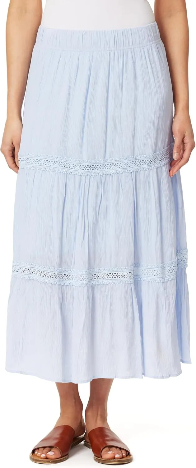 WallFlower Women's Carmen Crinkle Rayon Gauze Tiered Maxi Skirt with Crochet