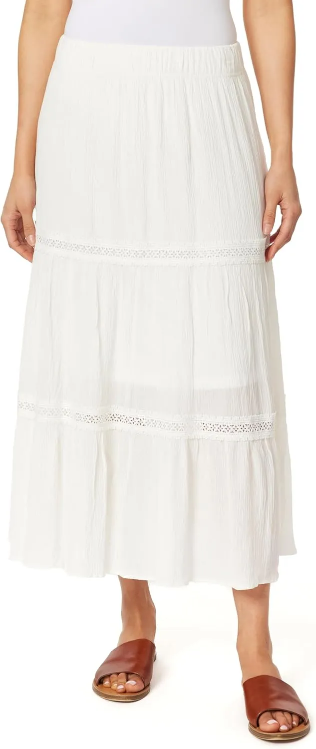 WallFlower Women's Carmen Crinkle Rayon Gauze Tiered Maxi Skirt with Crochet
