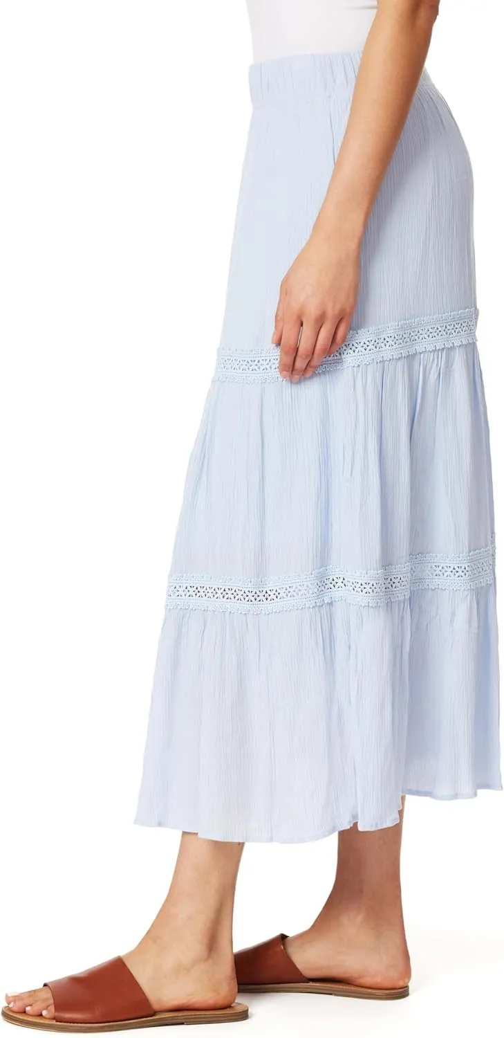 WallFlower Women's Carmen Crinkle Rayon Gauze Tiered Maxi Skirt with Crochet