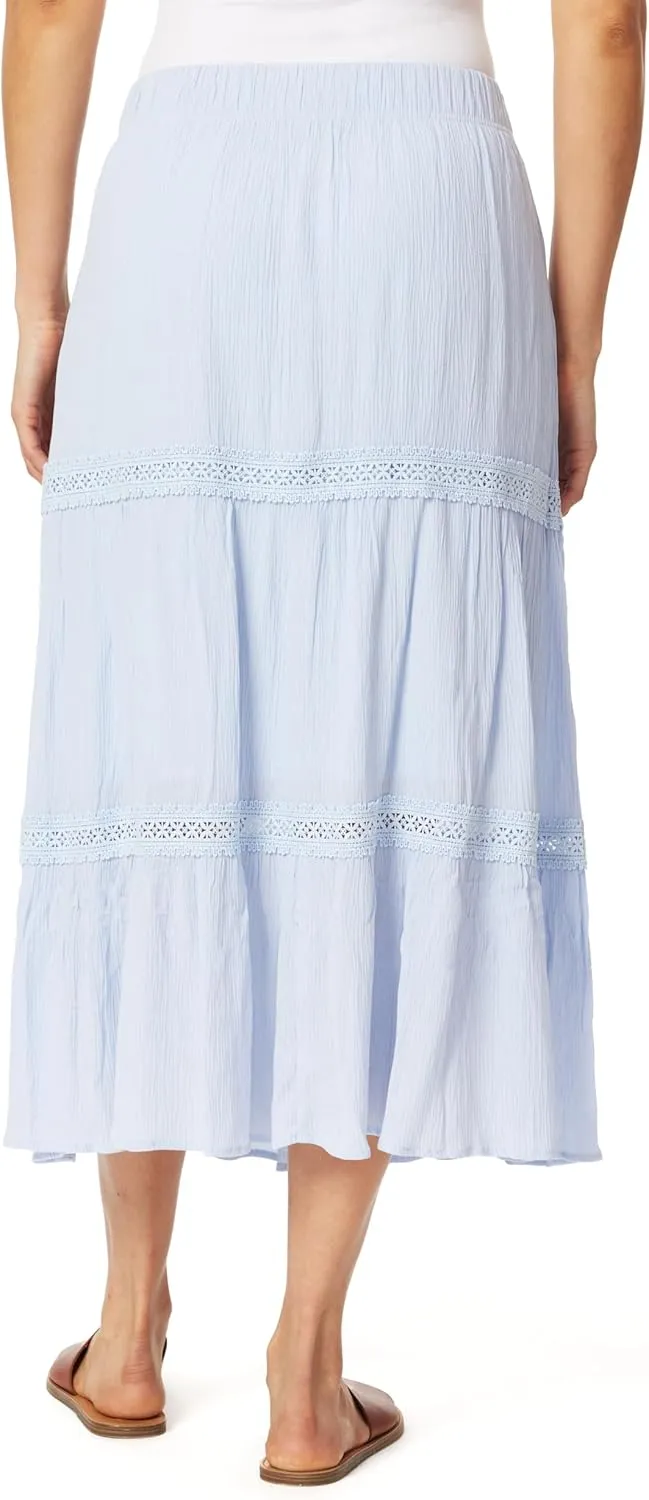 WallFlower Women's Carmen Crinkle Rayon Gauze Tiered Maxi Skirt with Crochet