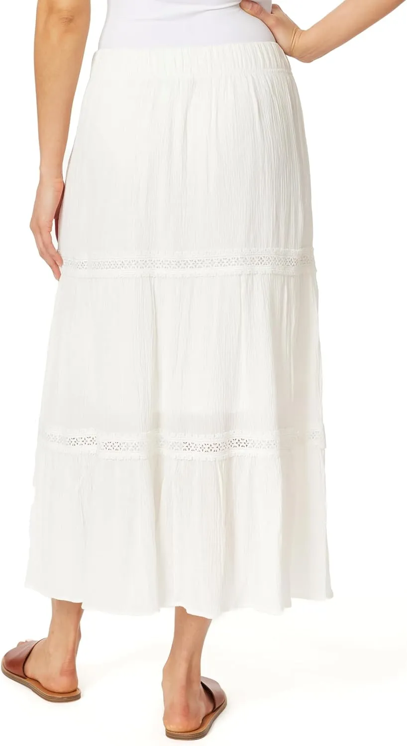 WallFlower Women's Carmen Crinkle Rayon Gauze Tiered Maxi Skirt with Crochet