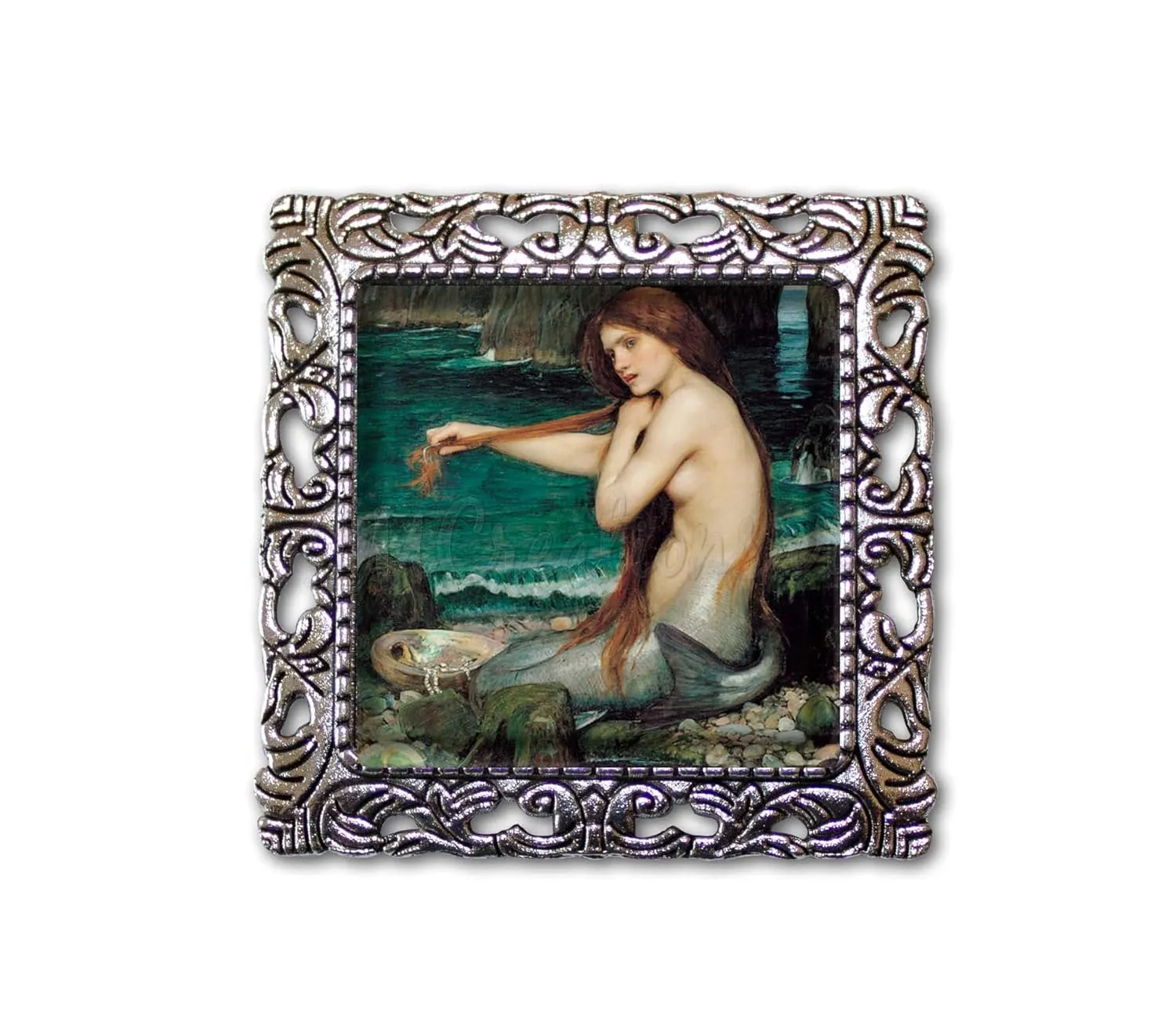 Waterhouse Vintage Art A Mermaid Handmade Square Glass Baroque Style BROOCH or Pin Jewelry (Antique Silver Tone)