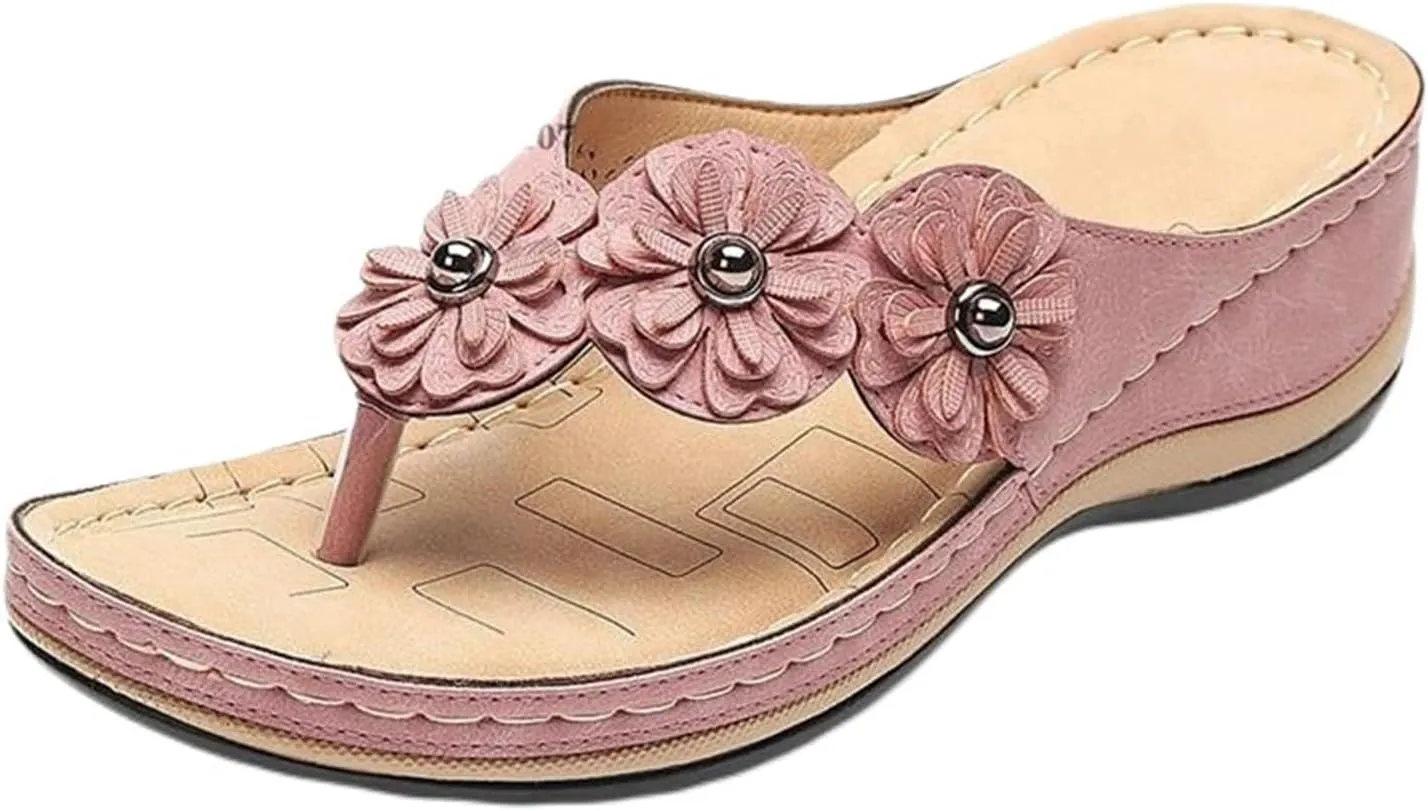 Wedge Sandals for Women 2025 Orthopedic Sandals Open Toe Thong Slippers Outdoor Flip Flops Low Wedge Dress Shoes Comfort Wear Orthowear Shoes Casual Vacation Walking Sandal Flower Decoration Slippers