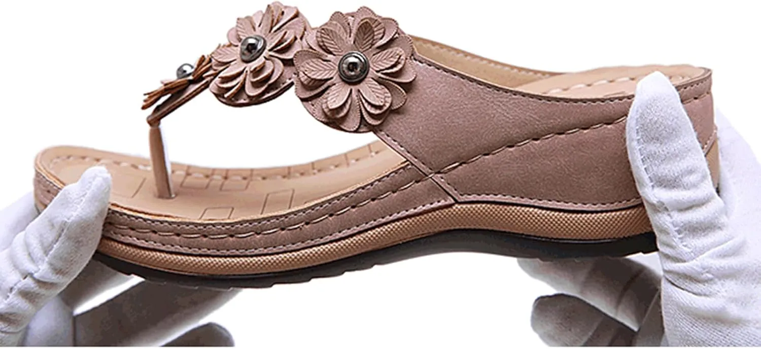 Wedge Sandals for Women 2025 Orthopedic Sandals Open Toe Thong Slippers Outdoor Flip Flops Low Wedge Dress Shoes Comfort Wear Orthowear Shoes Casual Vacation Walking Sandal Flower Decoration Slippers