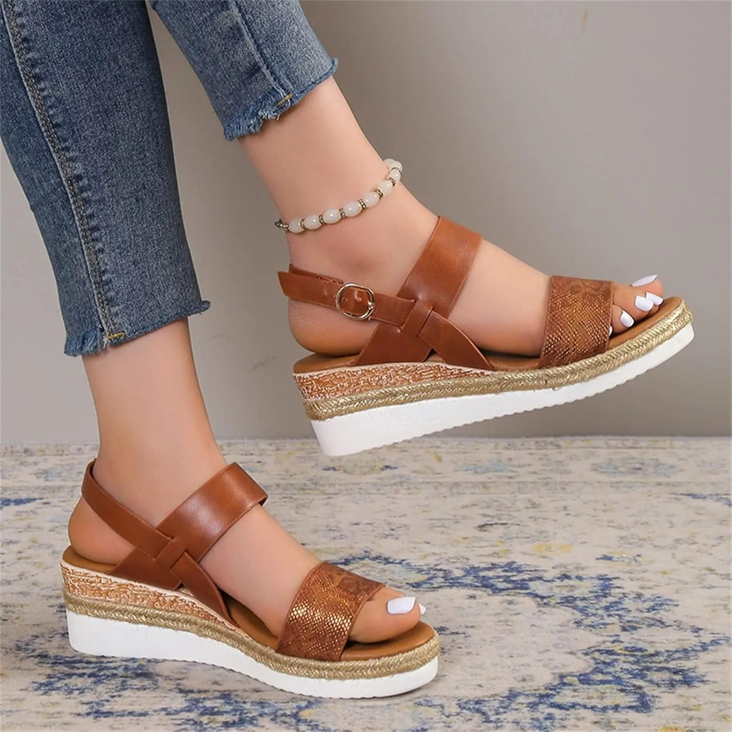 Wedge Sandals for Women Platform Wedge Heels Summer Ankle Strap Comfort Sole Open Toe Flat Orthopedic Sandals for Women Beach Casual Slip On Sandal Beach Dress Comfortable Breathable Footwear