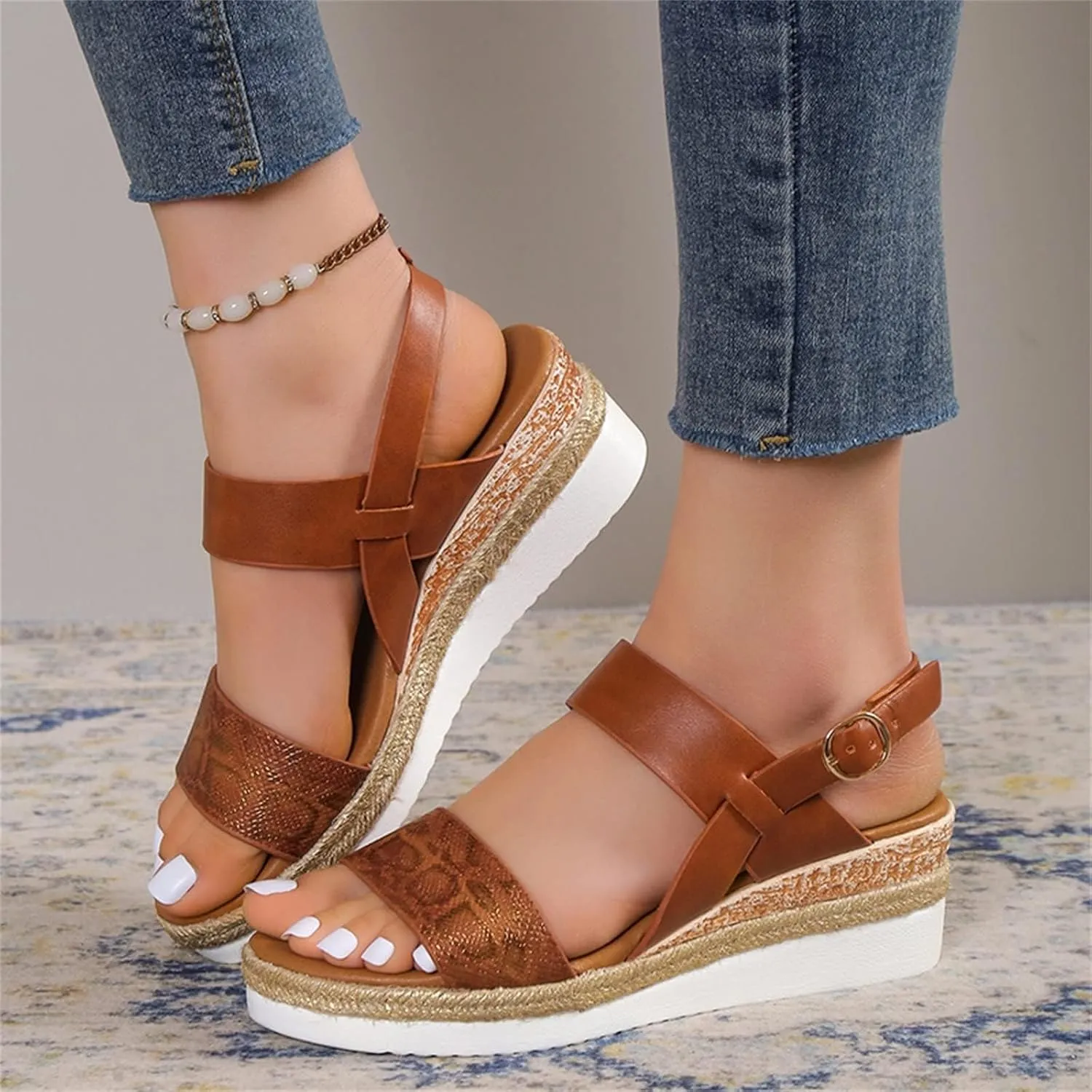 Wedge Sandals for Women Platform Wedge Heels Summer Ankle Strap Comfort Sole Open Toe Flat Orthopedic Sandals for Women Beach Casual Slip On Sandal Beach Dress Comfortable Breathable Footwear