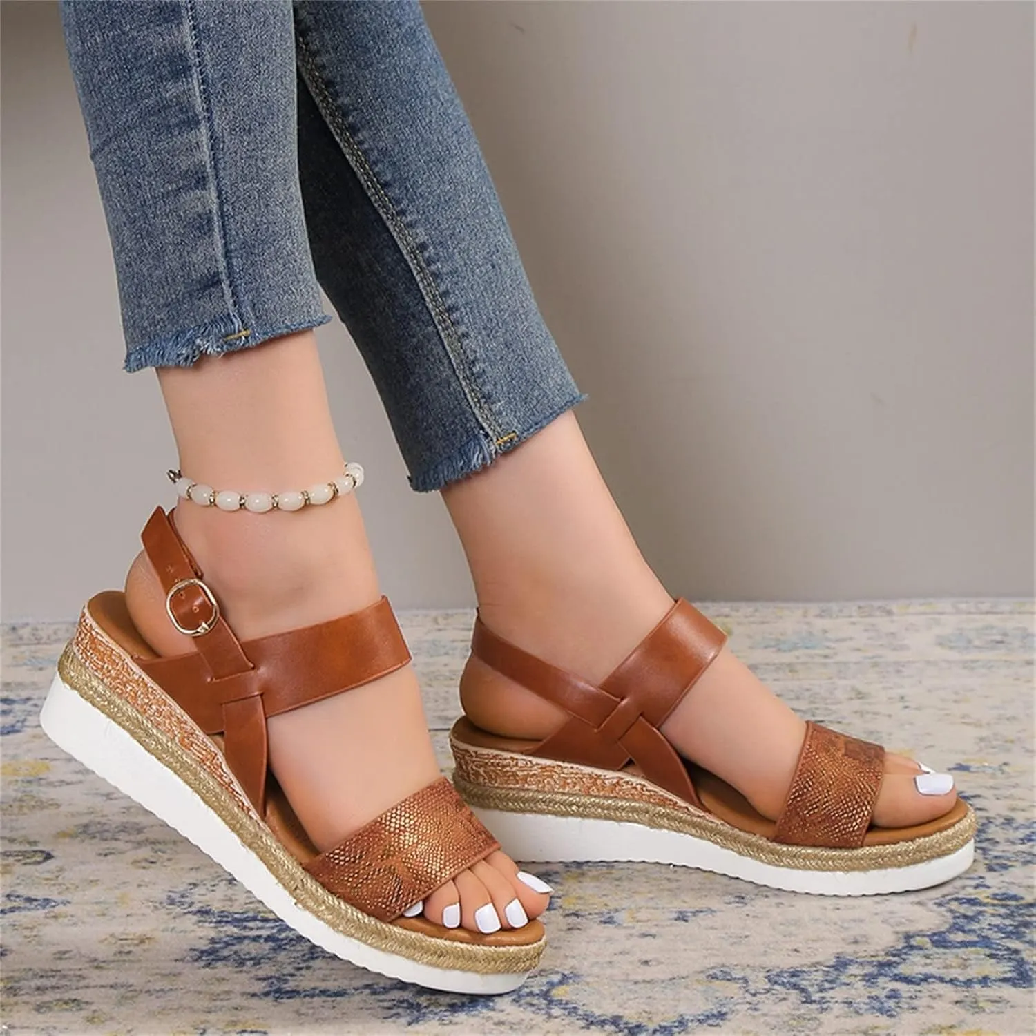 Wedge Sandals for Women Platform Wedge Heels Summer Ankle Strap Comfort Sole Open Toe Flat Orthopedic Sandals for Women Beach Casual Slip On Sandal Beach Dress Comfortable Breathable Footwear