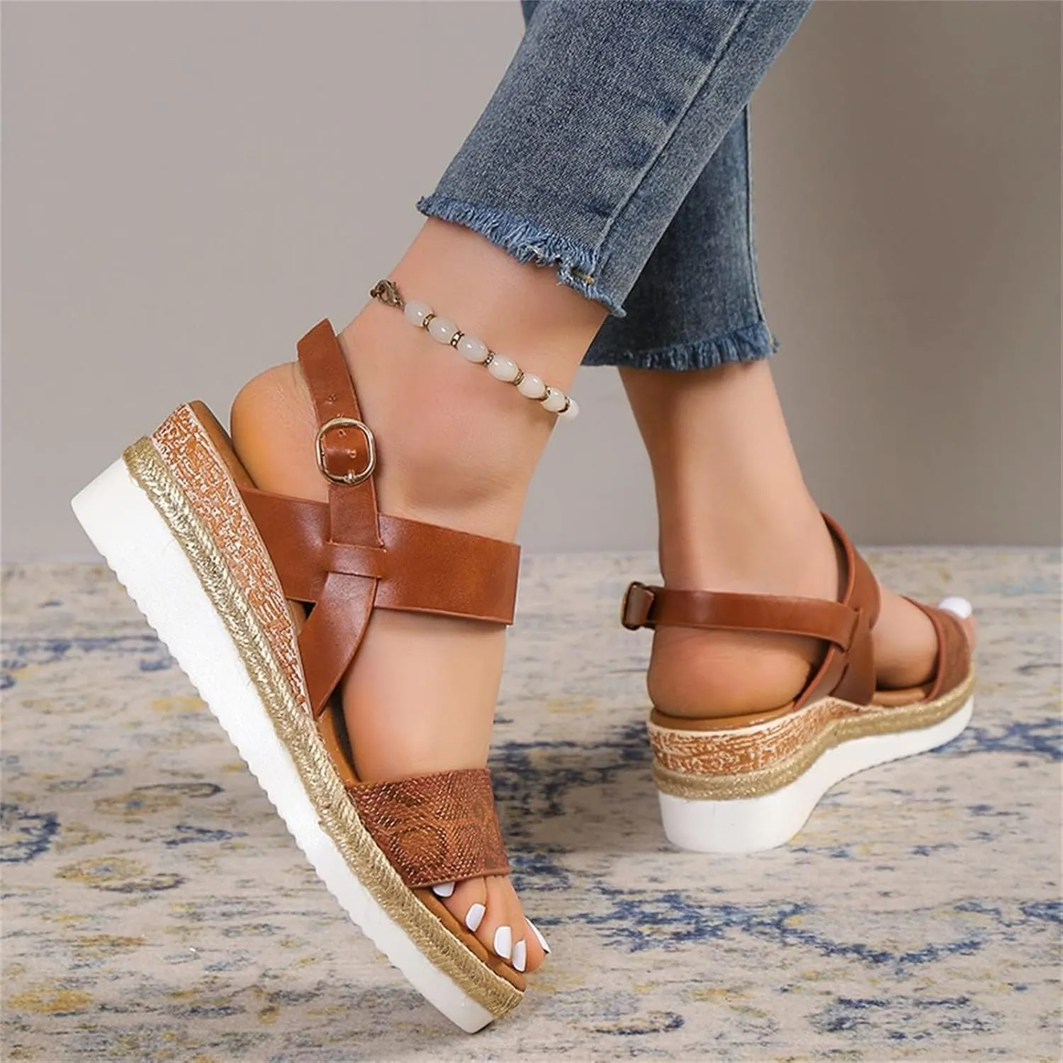 Wedge Sandals for Women Platform Wedge Heels Summer Ankle Strap Comfort Sole Open Toe Flat Orthopedic Sandals for Women Beach Casual Slip On Sandal Beach Dress Comfortable Breathable Footwear