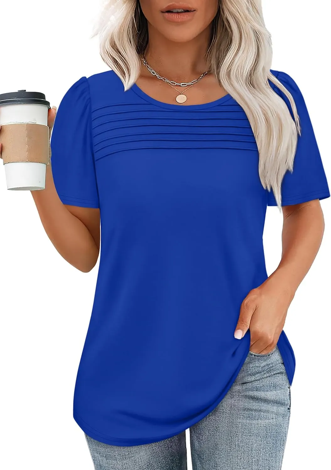 WIHOLL Womens Summer Tops Short Puff Sleeve Shirts 2025 Pleated Neck Outfits Clothing Blouses