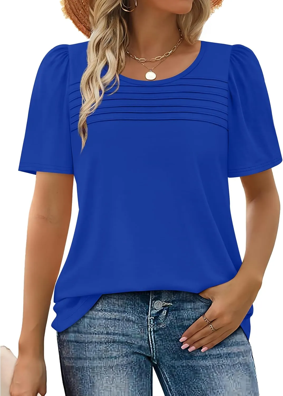 WIHOLL Womens Summer Tops Short Puff Sleeve Shirts 2025 Pleated Neck Outfits Clothing Blouses