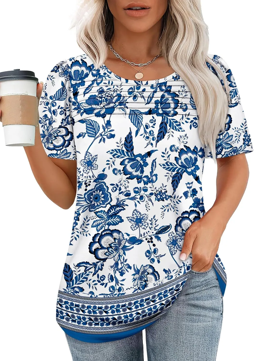 WIHOLL Womens Summer Tops Short Puff Sleeve Shirts 2025 Pleated Neck Outfits Clothing Blouses