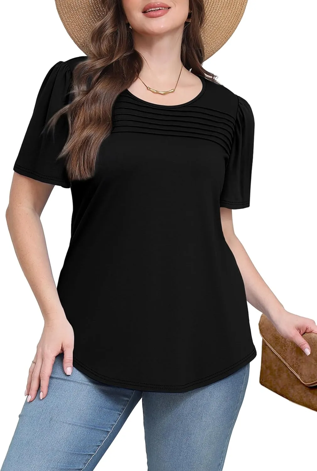 WIHOLL Womens Summer Tops Short Puff Sleeve Shirts 2025 Pleated Neck Outfits Clothing Blouses