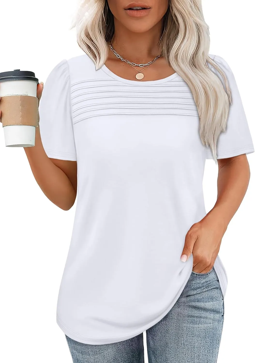 WIHOLL Womens Summer Tops Short Puff Sleeve Shirts 2025 Pleated Neck Outfits Clothing Blouses