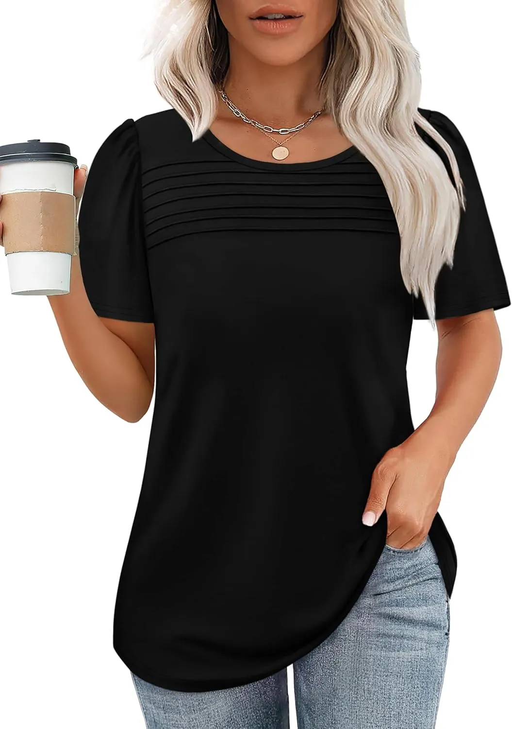 WIHOLL Womens Summer Tops Short Puff Sleeve Shirts 2025 Pleated Neck Outfits Clothing Blouses