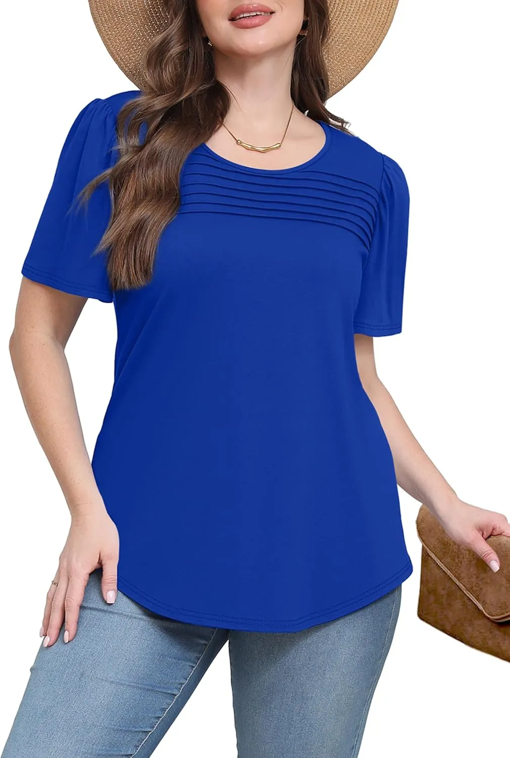 WIHOLL Womens Summer Tops Short Puff Sleeve Shirts 2025 Pleated Neck Outfits Clothing Blouses