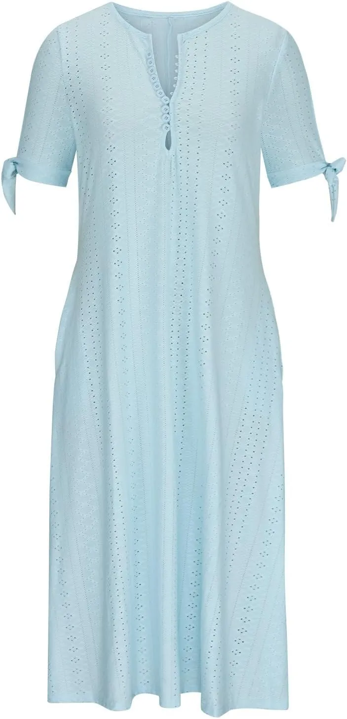 Wkishenl Summer Dresses for Women 2024 Casual V Neck Button Dress Short Sleeve Sun Dress Vacation Long Dress with Pockets