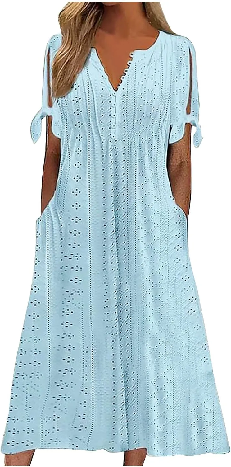 Wkishenl Summer Dresses for Women 2024 Casual V Neck Button Dress Short Sleeve Sun Dress Vacation Long Dress with Pockets