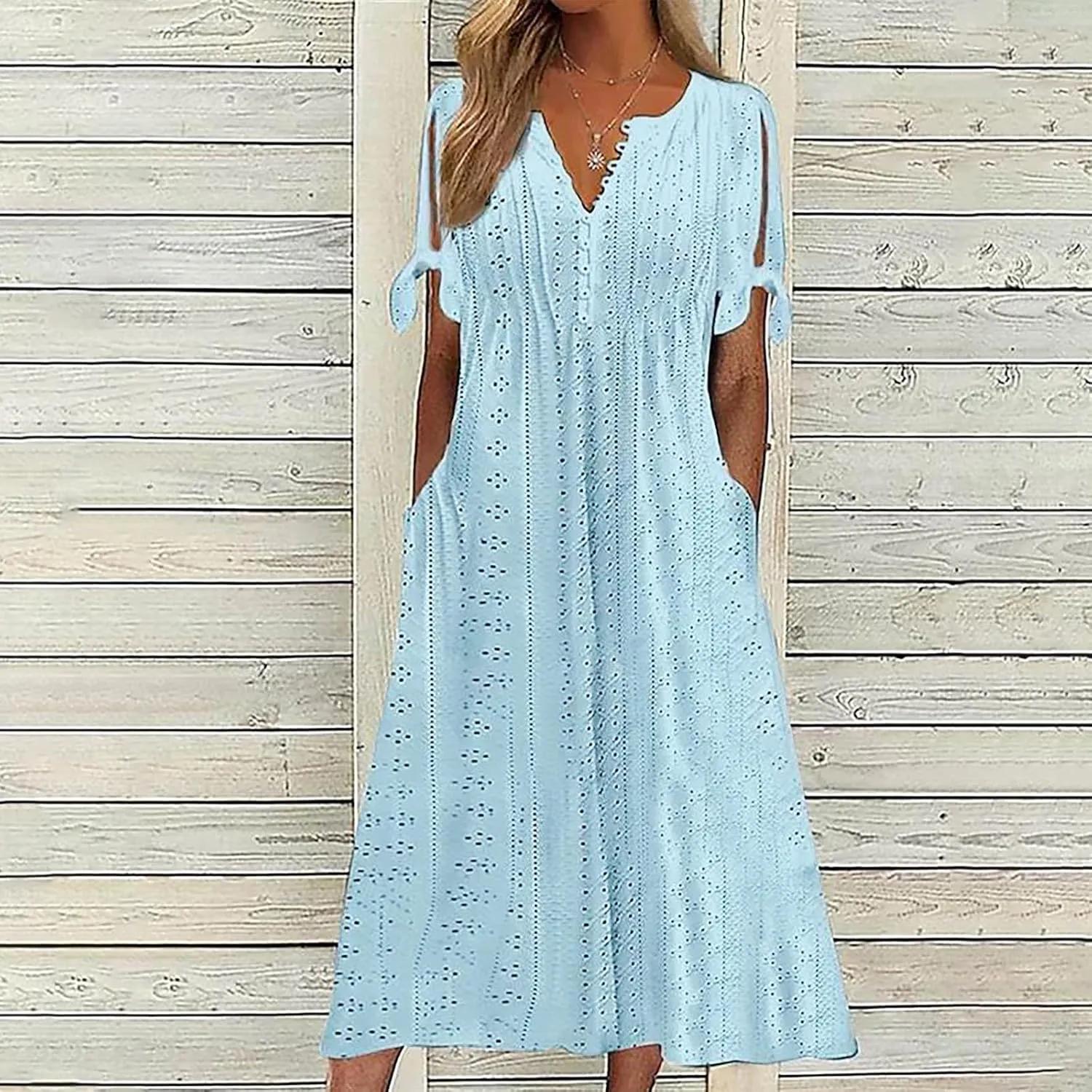 Wkishenl Summer Dresses for Women 2024 Casual V Neck Button Dress Short Sleeve Sun Dress Vacation Long Dress with Pockets
