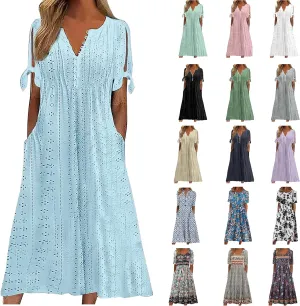Wkishenl Summer Dresses for Women 2024 Casual V Neck Button Dress Short Sleeve Sun Dress Vacation Long Dress with Pockets