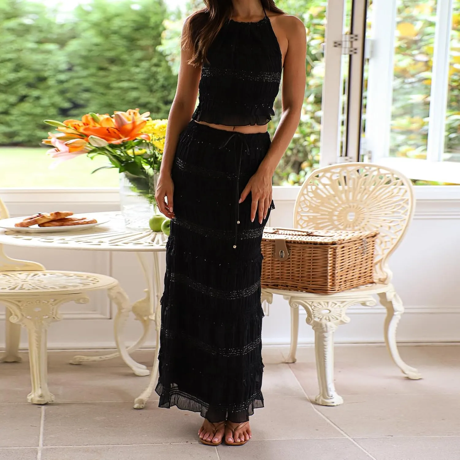 Women 2 Piece Maxi Skirt Set Y2k Sleeveless Cropped Cami Ruffle Long Skirt Matching Set Summer Beach Outfits